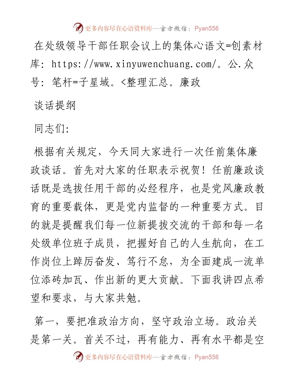 在处级领导干部任职会议上的集体廉政谈话提纲.docx_第1页