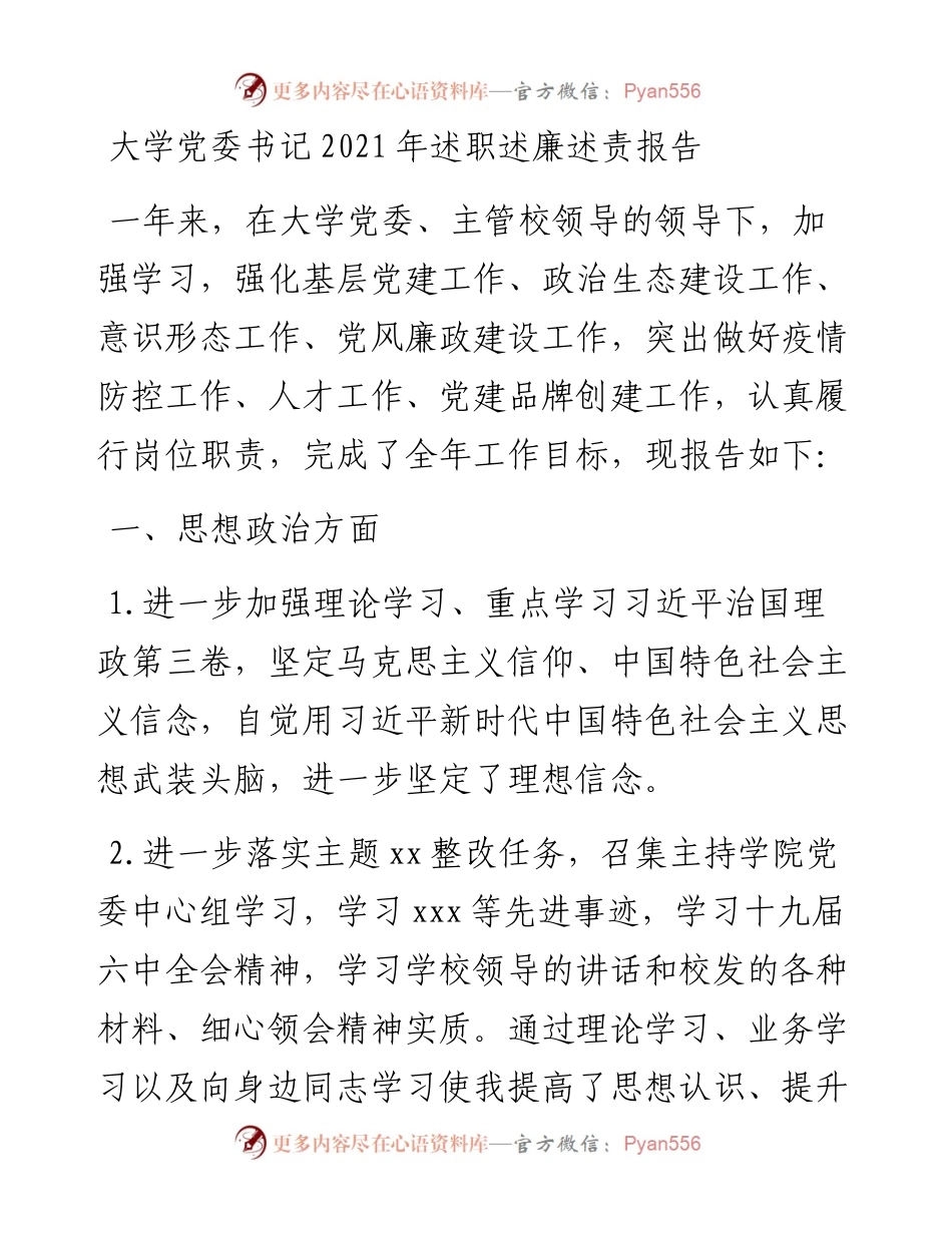 大学党委书记述职述廉述责报告.docx_第1页