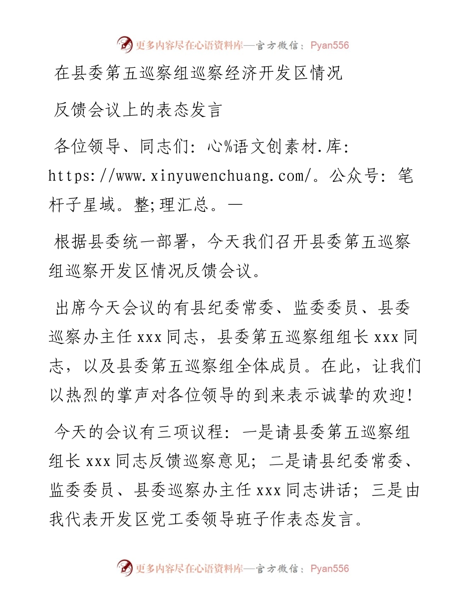 在县委第五巡察组巡察经济开发区情况反馈会议上的表态发言.docx_第1页