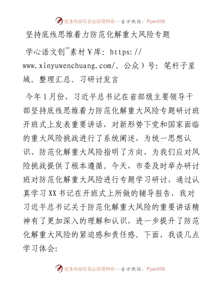 坚持底线思维着力防范化解重大风险专题学习研讨发言(1).docx_第1页