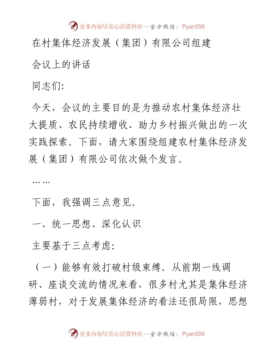 在村集体经济发展（集团）有限公司组建会议上的讲话.docx_第1页