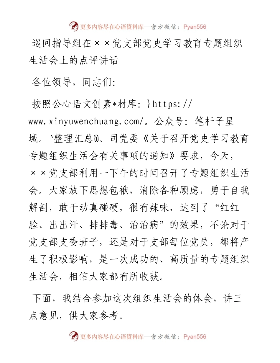 巡回指导组在党支部党史学习教育专题组织生活会上的点评讲话.docx_第1页