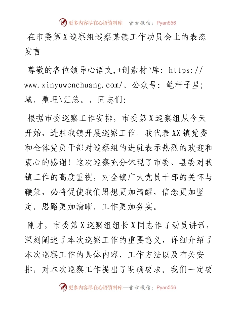 在市委第X巡察组巡察某镇工作动员会上的表态发言.docx_第1页