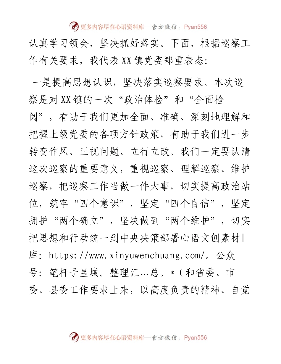 在市委第X巡察组巡察某镇工作动员会上的表态发言.docx_第2页