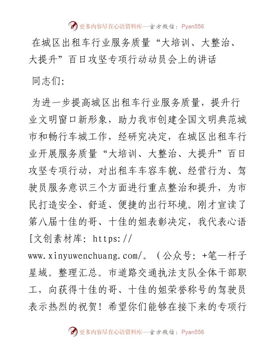 在城区出租车行业服务质量“大培训、大整治、大提升”百日攻坚专项行动动员会上的讲话.docx_第1页