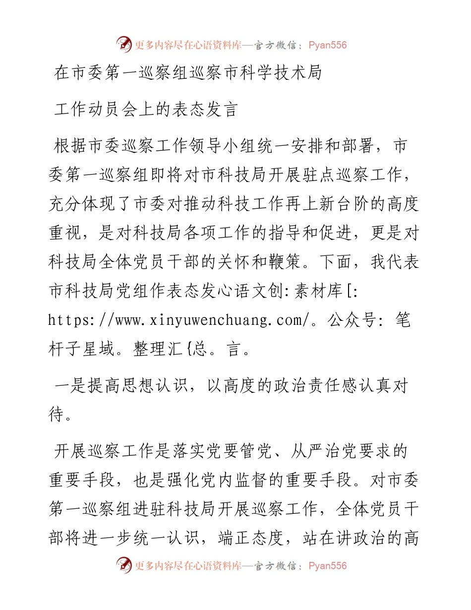 在市委第一巡察组巡察市科学技术局工作动员会上的表态发言.docx_第1页