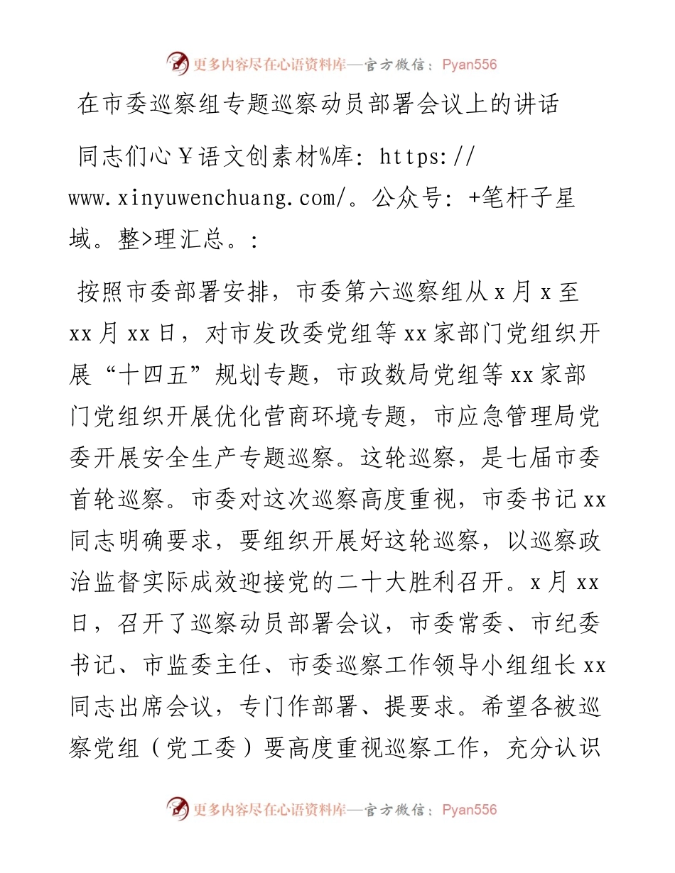 在市委巡察组专题巡察动员部署会议上的讲话.docx_第1页