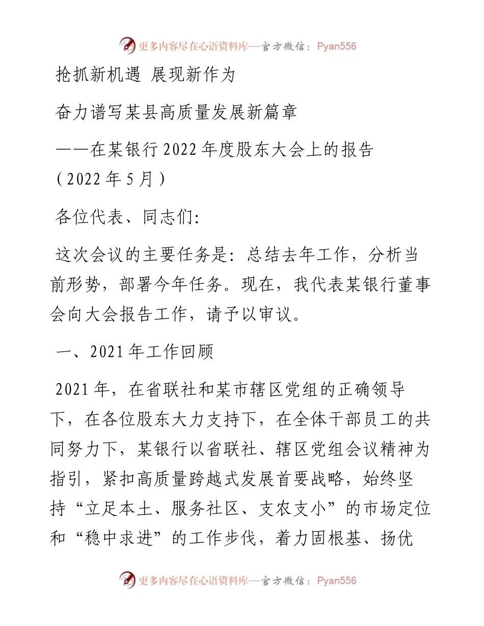 在某银行度股东大会上的报告.docx_第1页