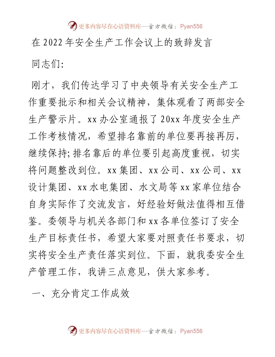 在安全生产工作会议上的致辞发言.docx_第1页