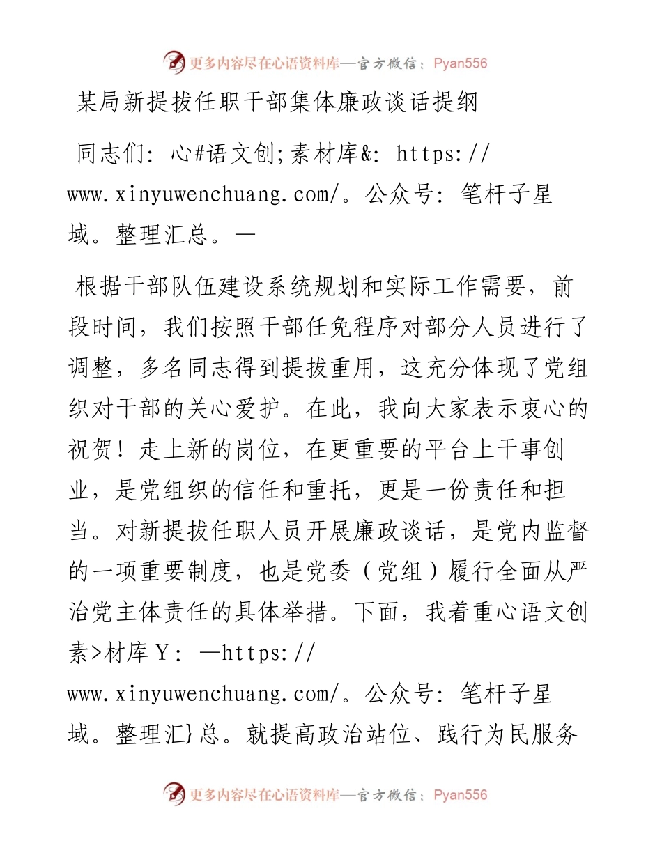 局新提拔任职干部集体廉政谈话提纲.docx_第1页