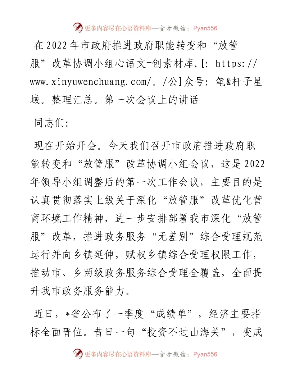 在市政府推进政府职能转变和“放管服”改革协调小组第一次会议上的讲话.docx_第1页