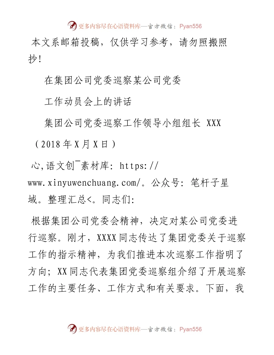 在集团公司党委巡察分公司党委工作动员会上的讲话（范文）.docx_第1页