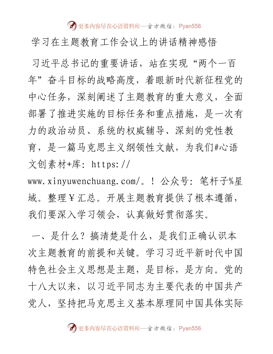 学习在主题教育工作会议上的讲话精神感悟.docx_第1页