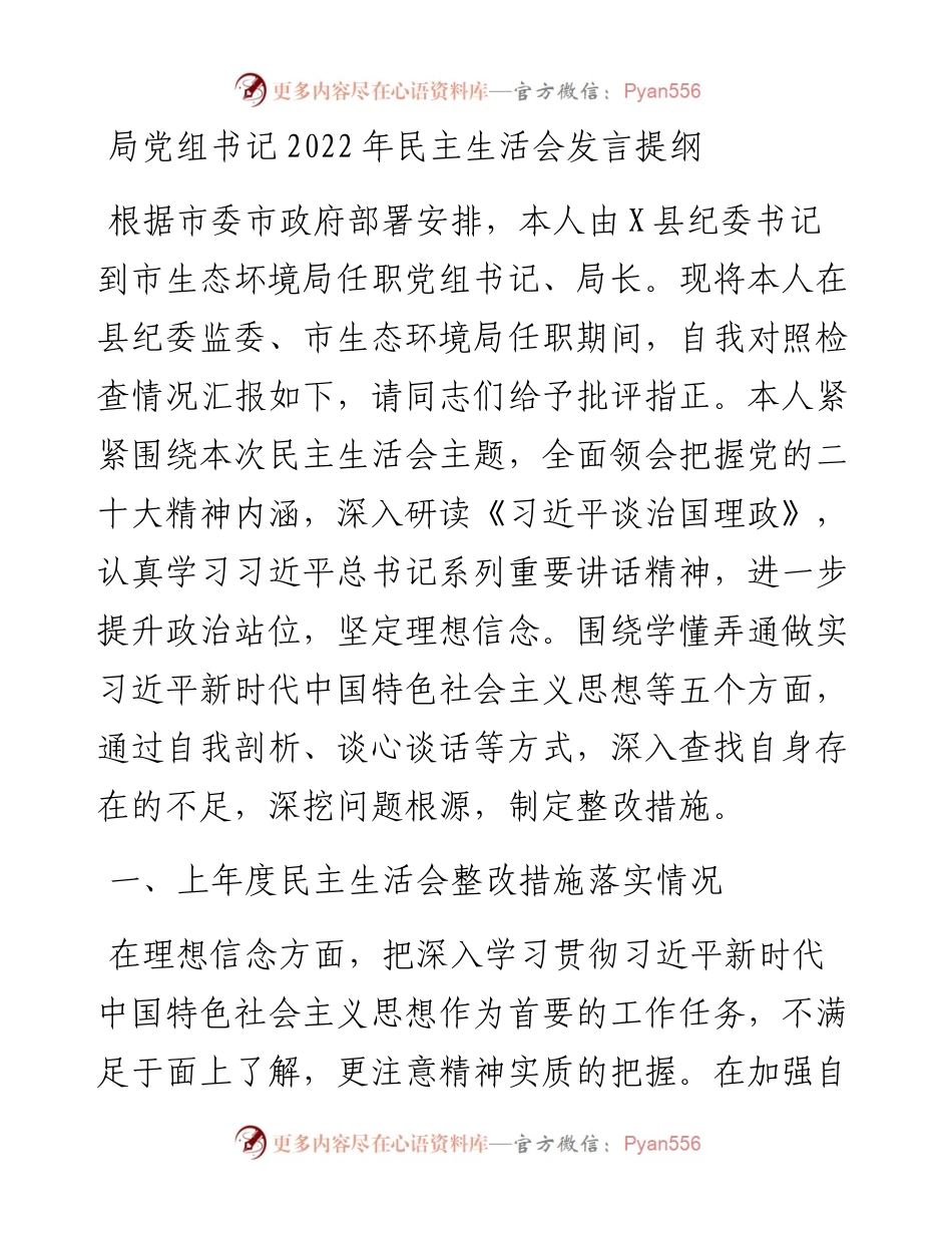 局党组书记民主生活会发言提纲.docx_第1页