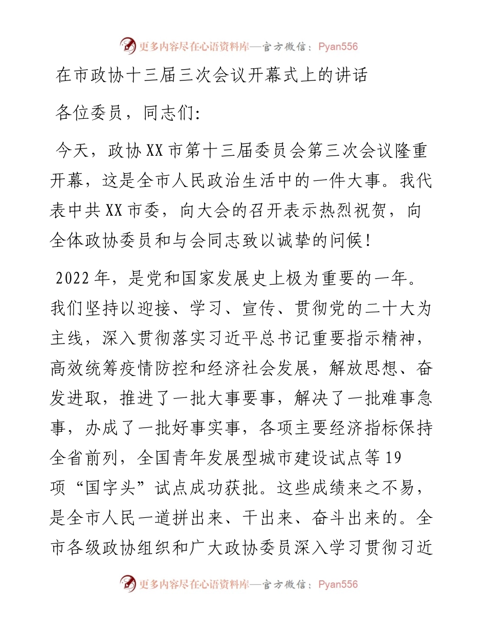 在市政协十三届三次会议开幕式上的讲话.docx_第1页