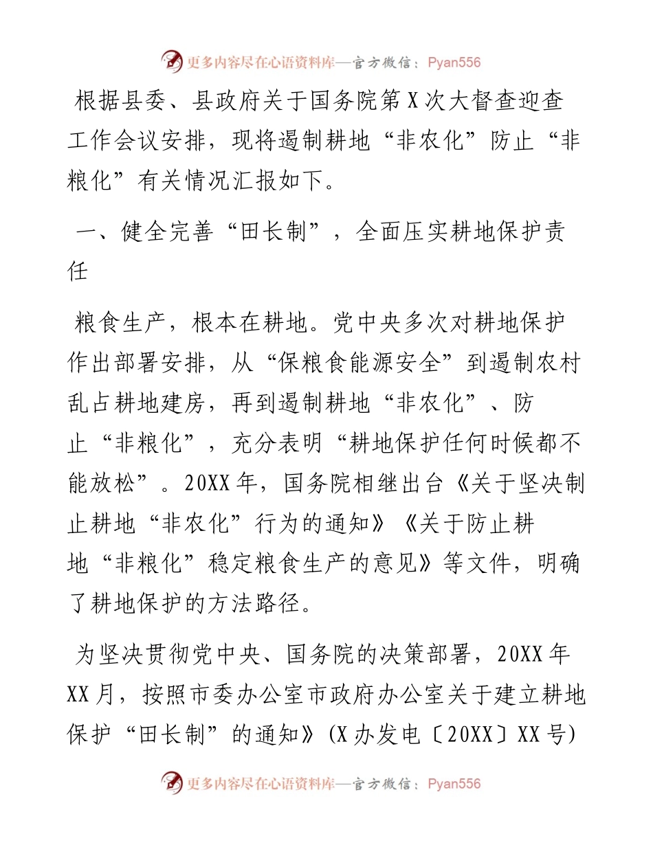 对关于遏制耕地“非农化”防止“非粮化”情况的汇报.docx_第1页