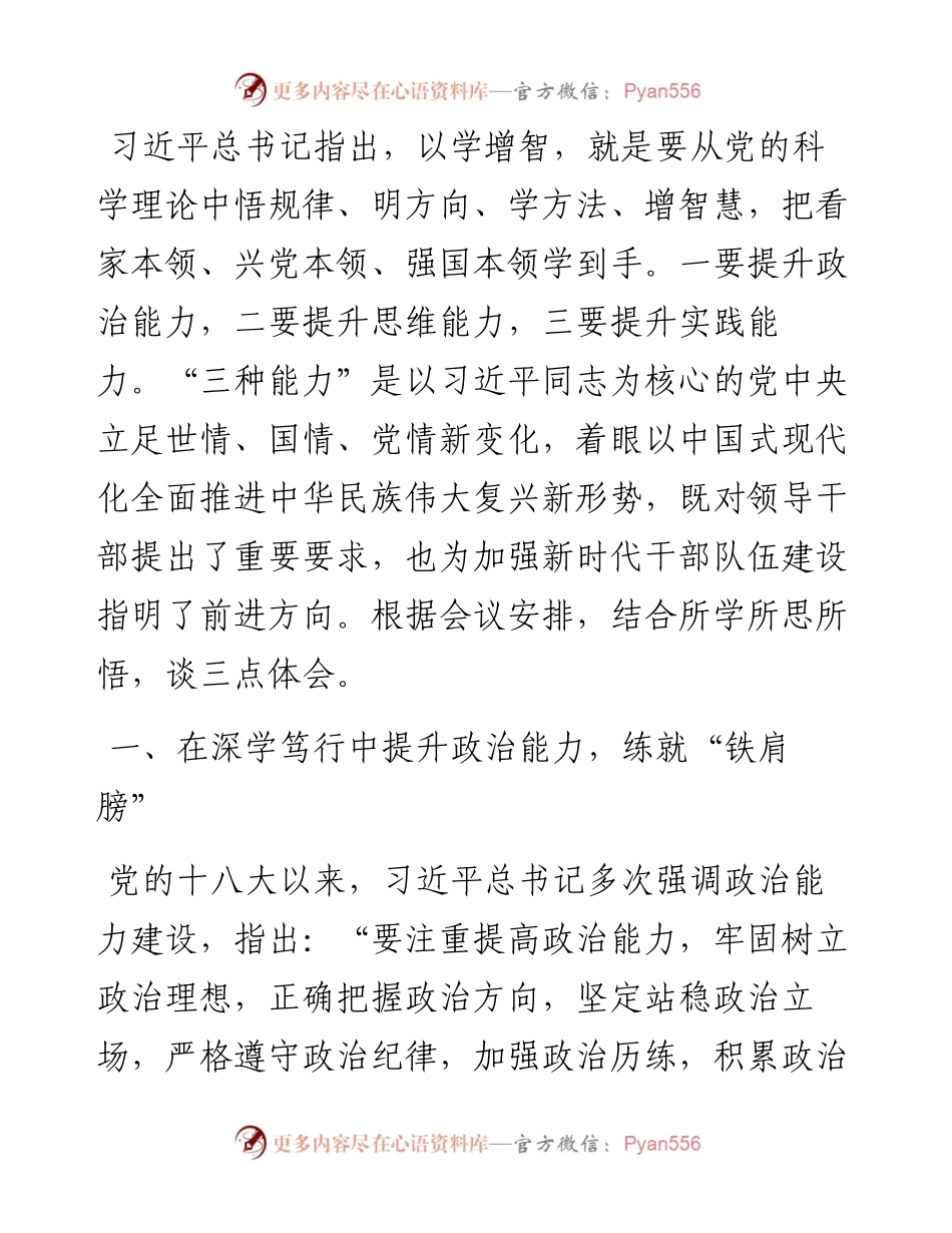 宣传部长在县委理论学习中心组主题教育“不断提升政治能力、思维能力、实践能力”专题学习会上的交流发言.docx_第1页