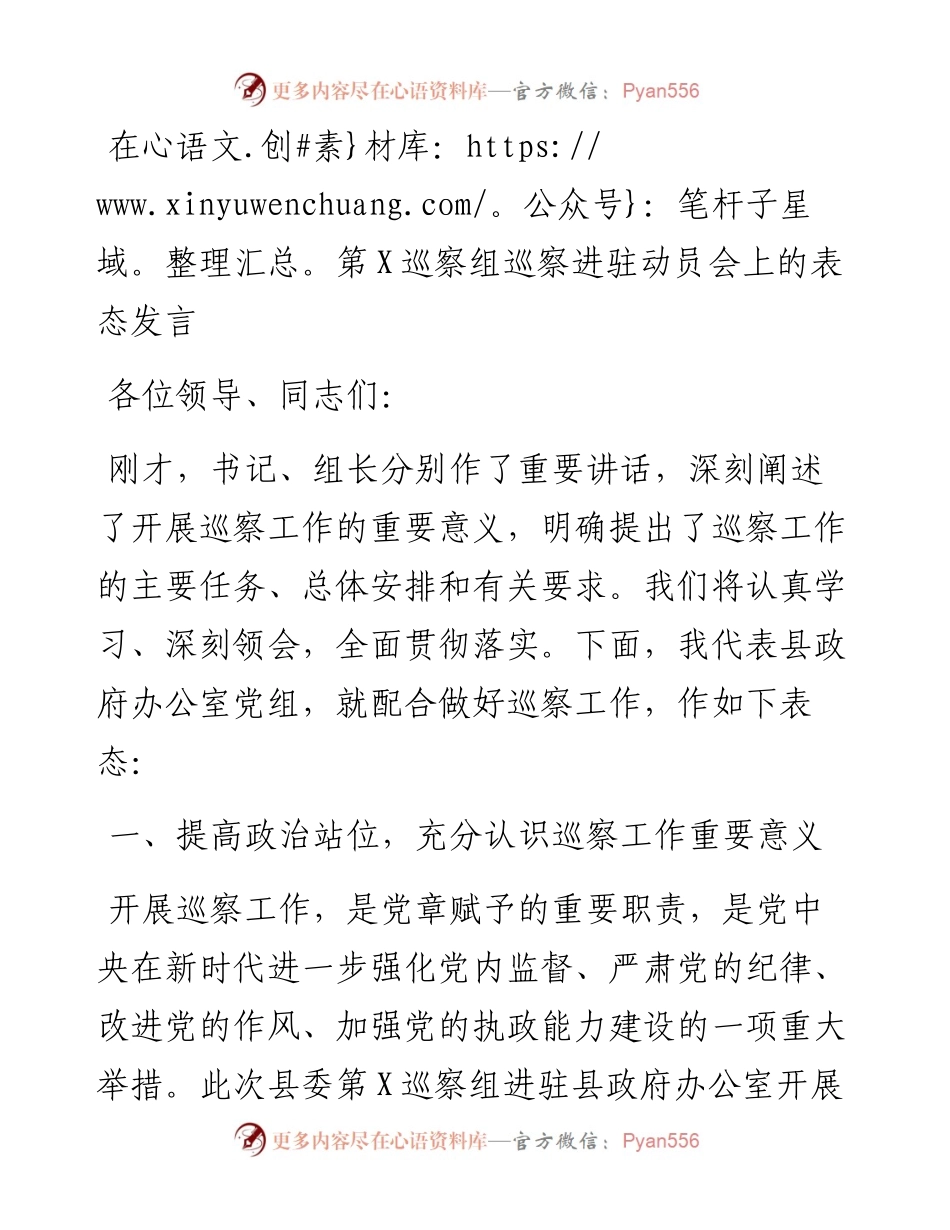 在第X巡察组巡察进驻动员会上的表态发言.docx_第1页
