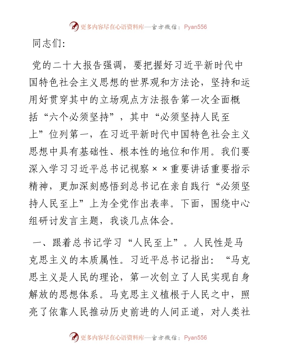 在理论学习中心组坚持人民至上专题研讨交流会上的发言.docx_第1页