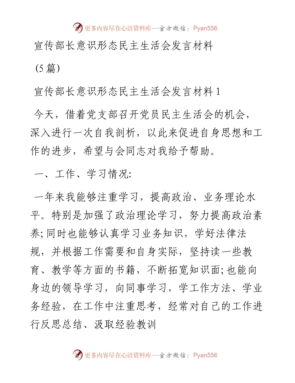 宣传部长意识形态民主生活会发言材料-5篇.docx_第1页