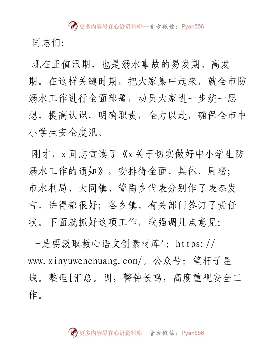 在防溺水安全工作会议上的讲话.docx_第1页