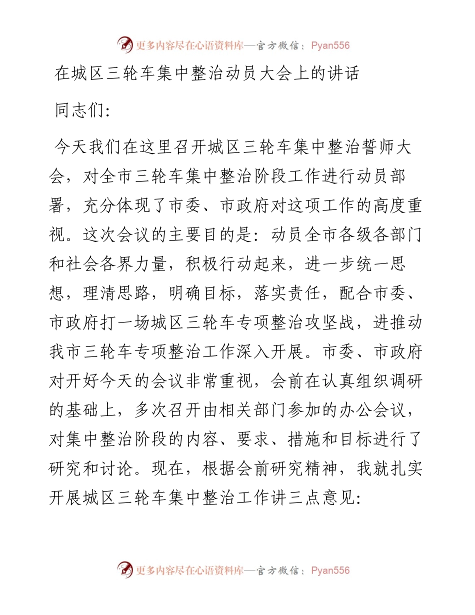 在城区三轮车集中整治动员大会上的讲话.docx_第1页