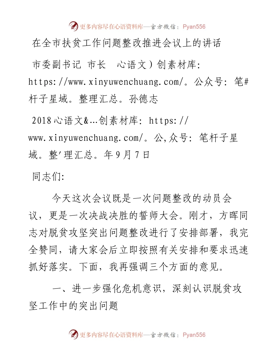 孙德志同志在全市扶贫工作问题整改推进会议上的讲话提纲.docx_第1页