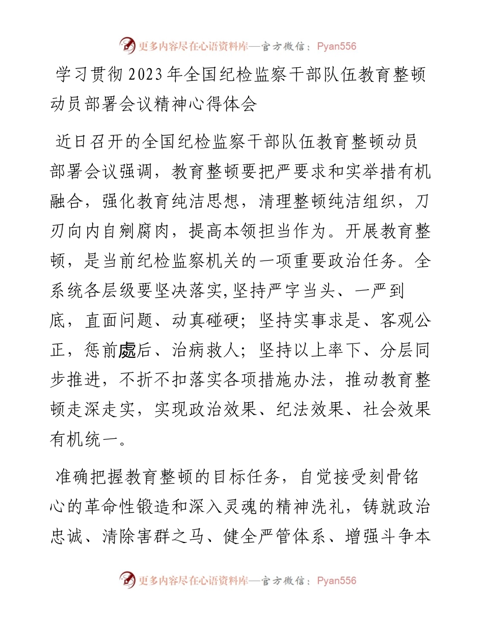学习贯彻2023年全国纪检监察干部队伍教育整顿动员部署会议精神心得体会.docx_第1页