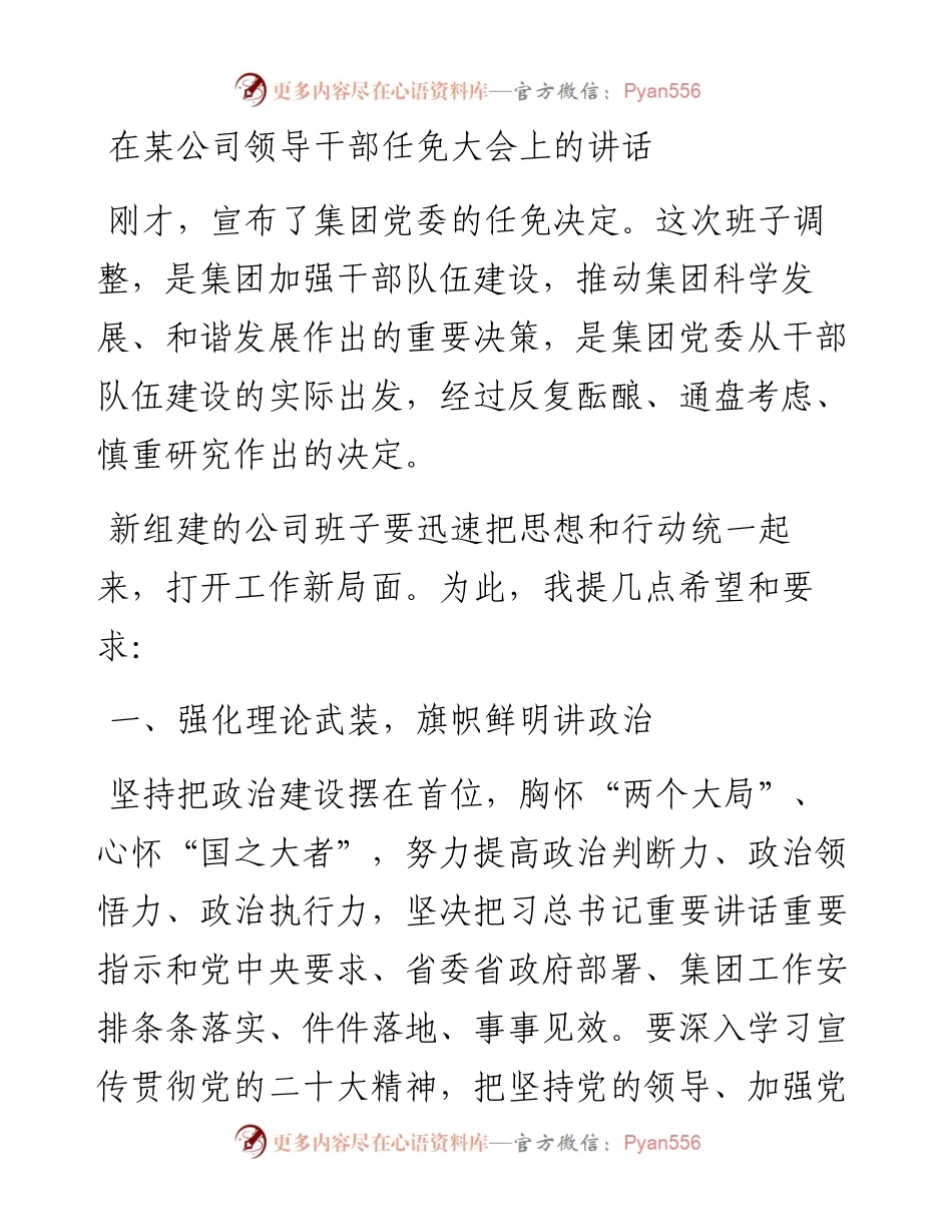 在某公司领导干部任免大会上的讲话.docx_第1页