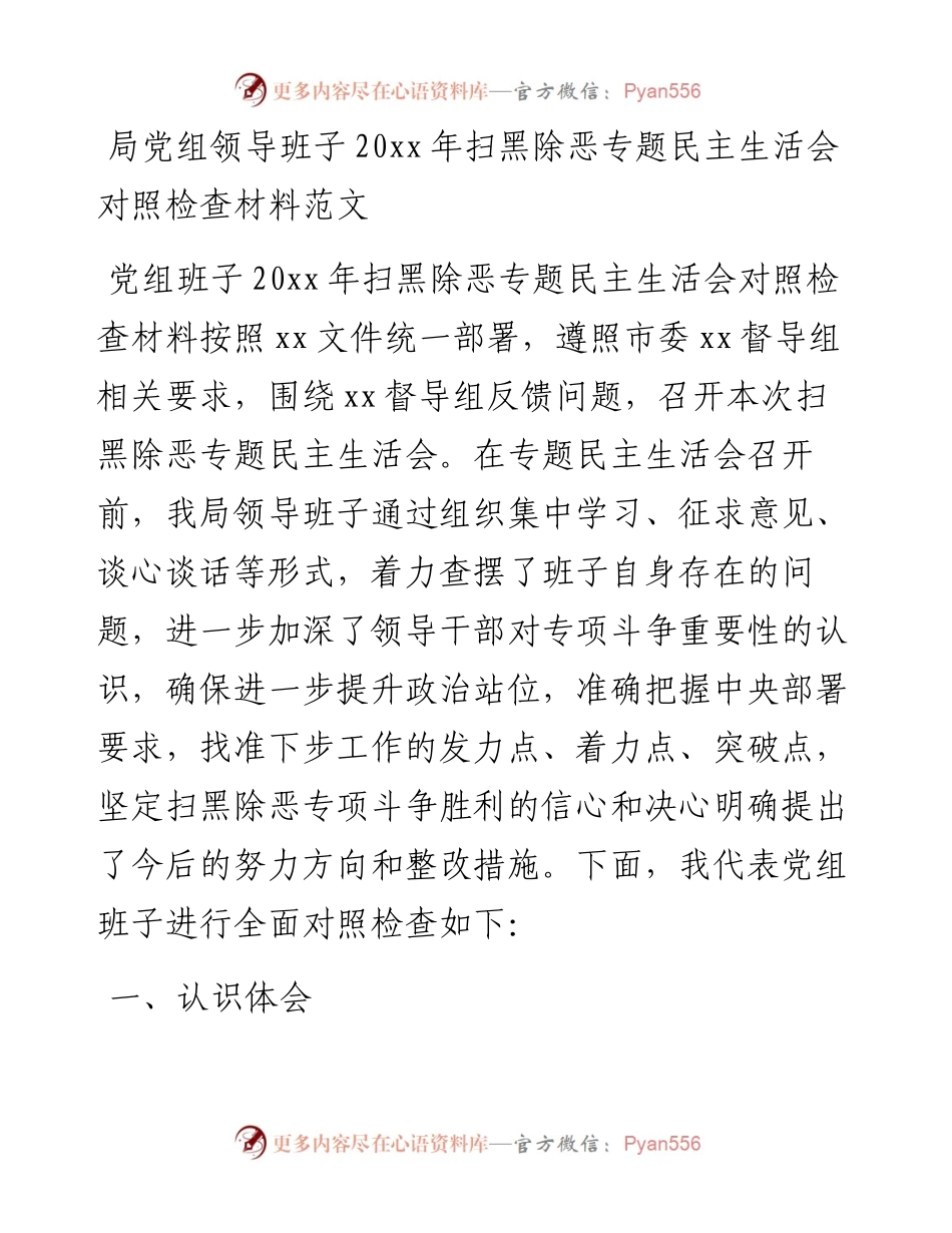 局党组领导班子20xx年扫黑除恶专题民主生活会对照检查材料范文.docx_第1页