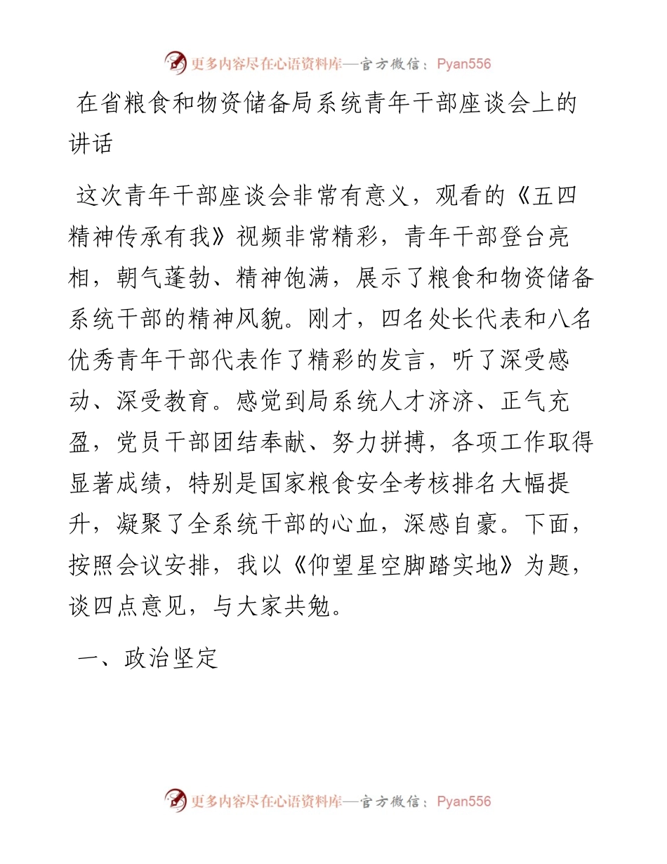在省粮食和物资储备局系统青年干部座谈会上的讲话.docx_第1页