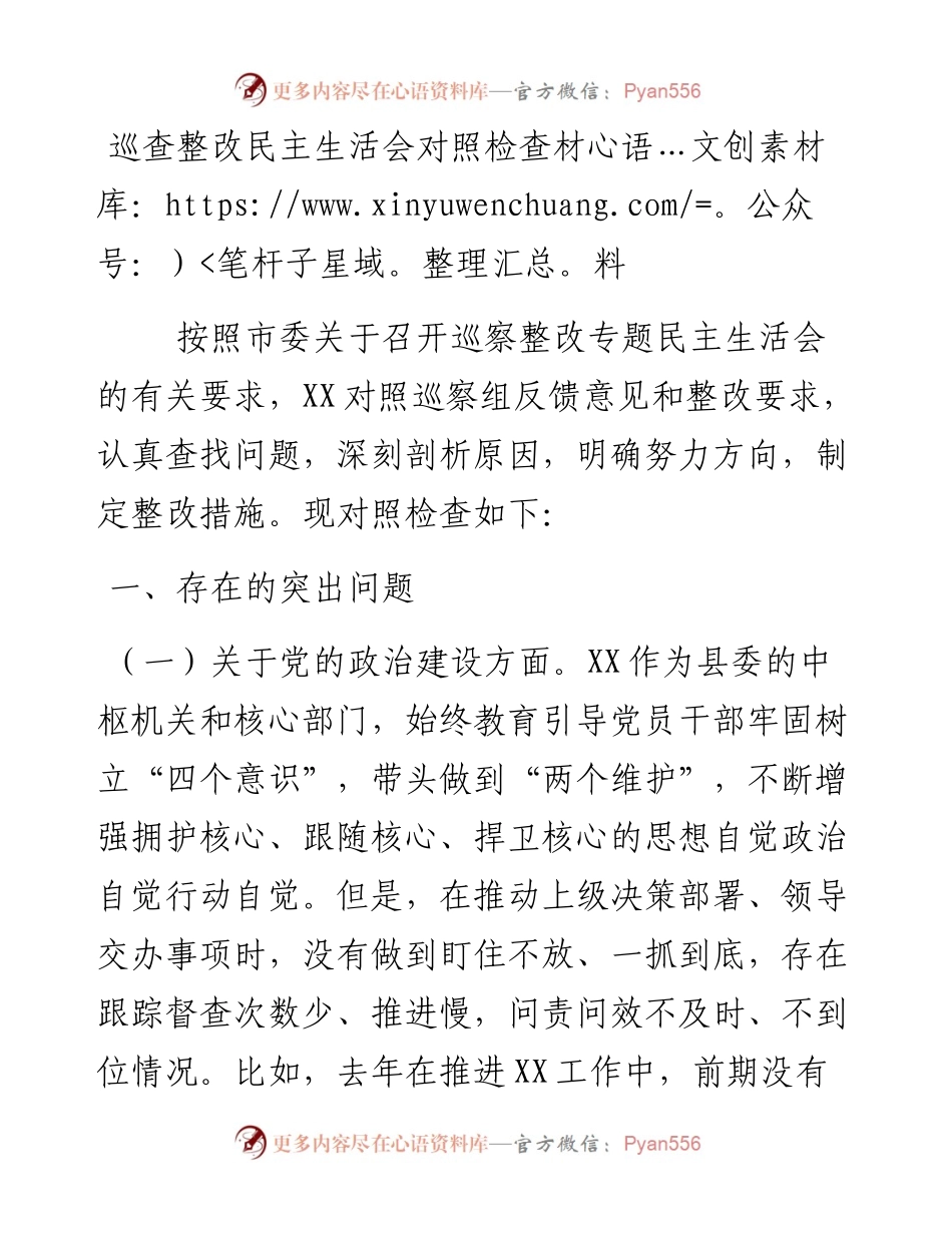 巡查整改民主生活会对照检查材料参考范文.docx_第1页
