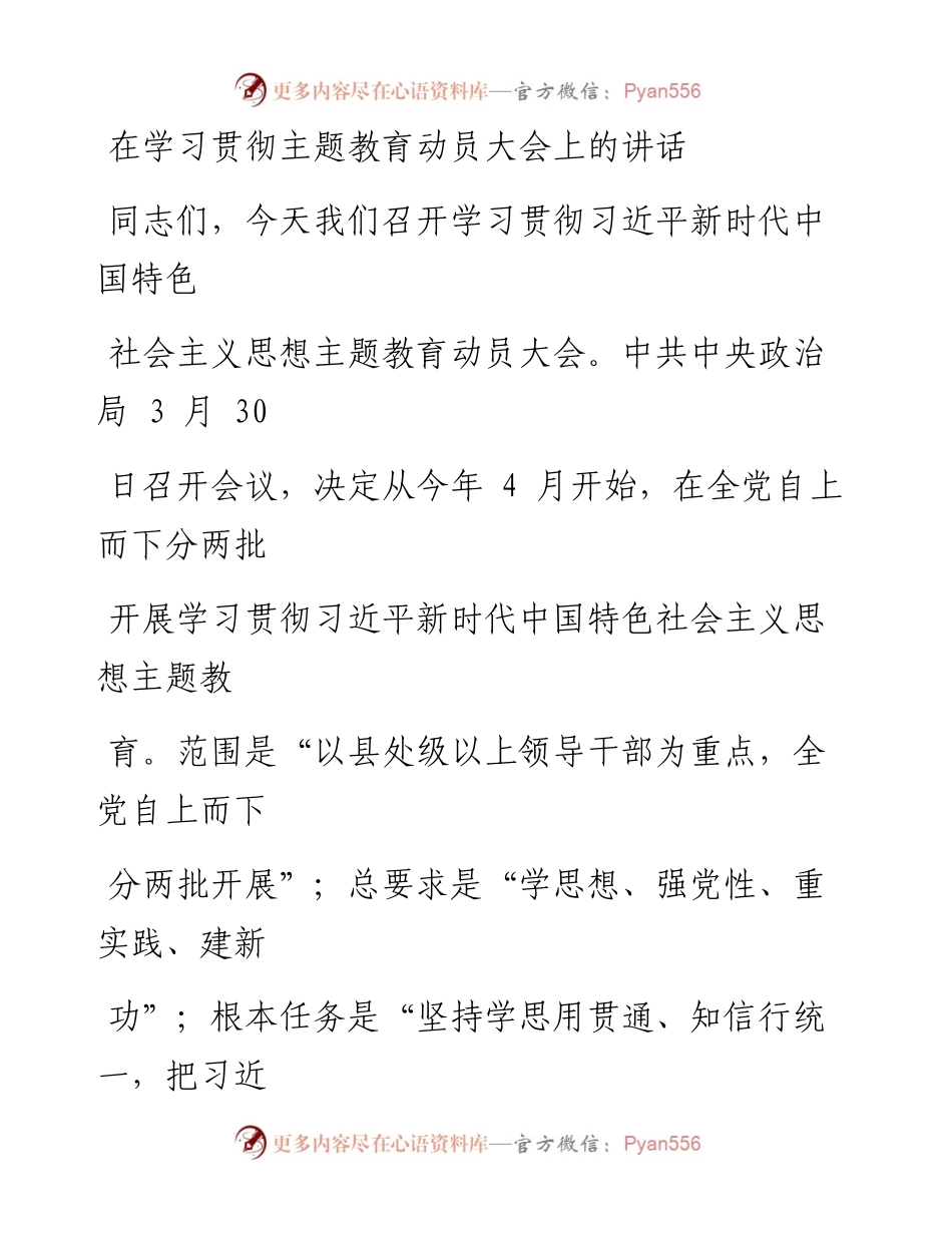 在学习贯彻习近平新时代中国特色社会主义思想主题教育动员大会上的讲话.docx_第1页