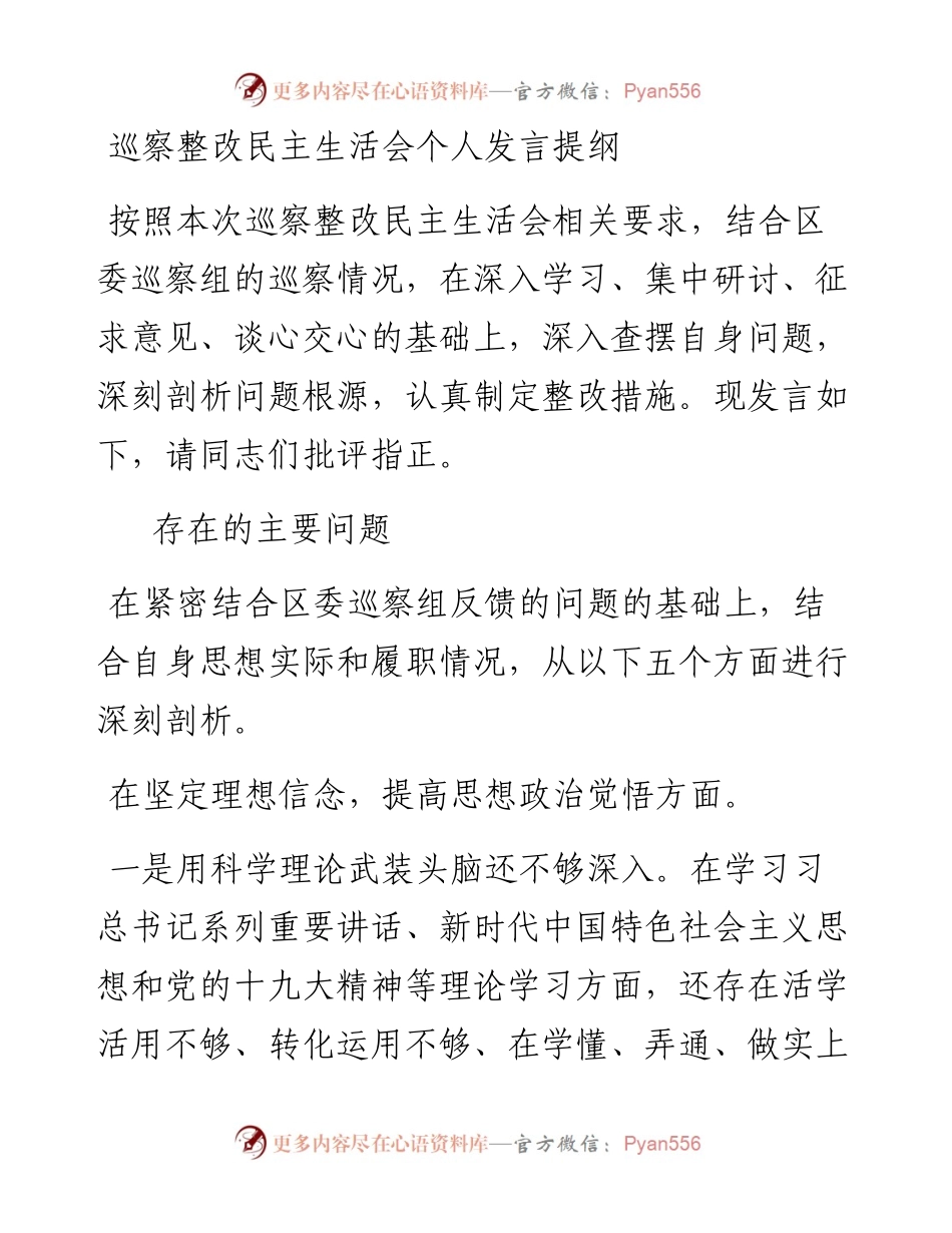 巡察整改民主生活会发言材料.docx_第1页