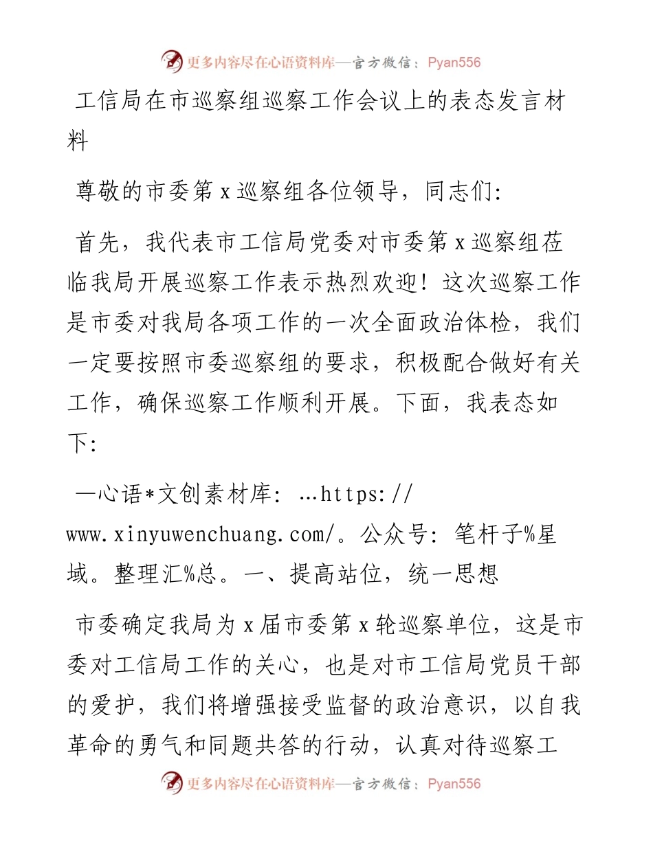 工信局在市巡察组巡察工作会议上的表态发言材料.docx_第1页
