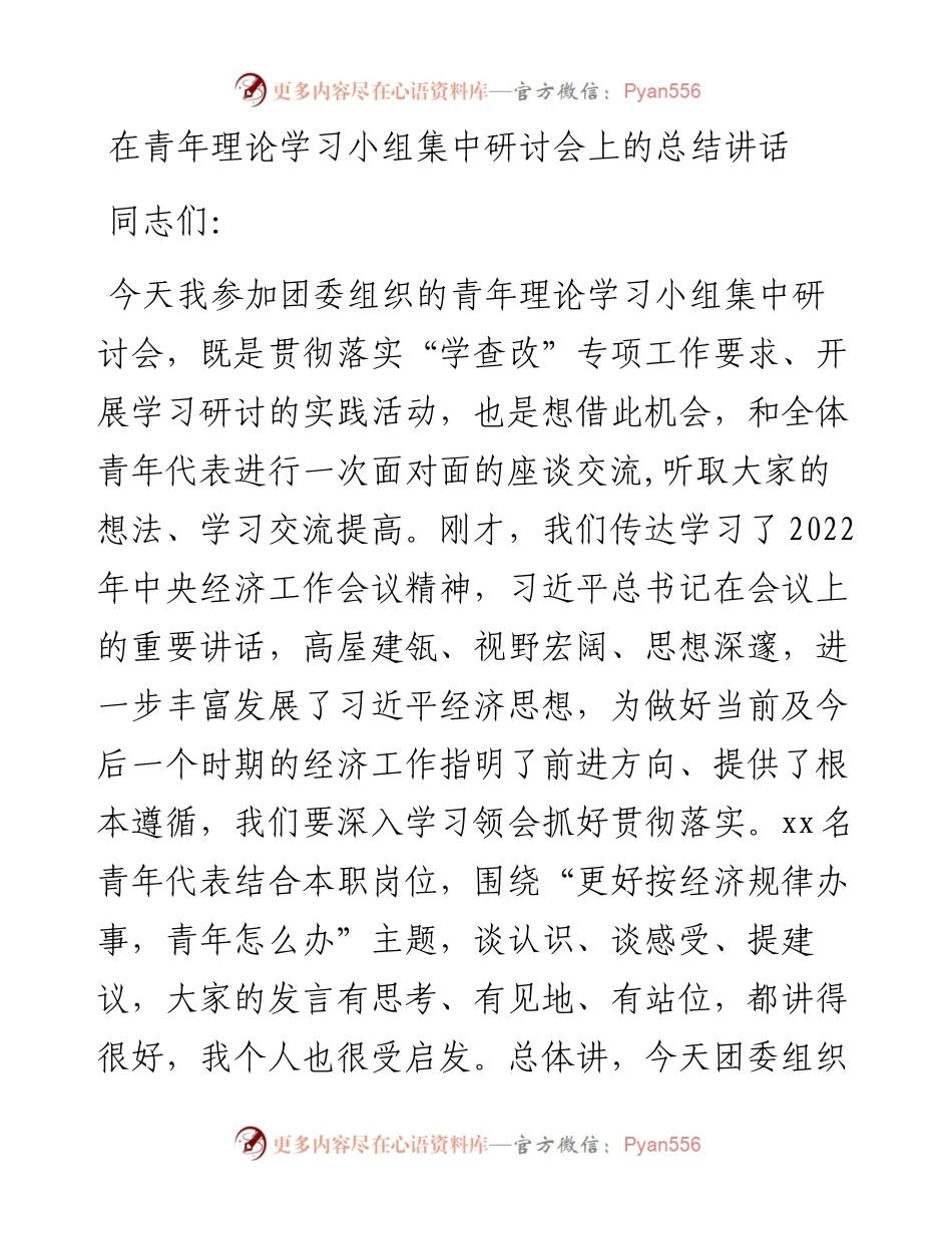 在青年理论学习小组集中研讨会上的总结讲话.docx_第1页