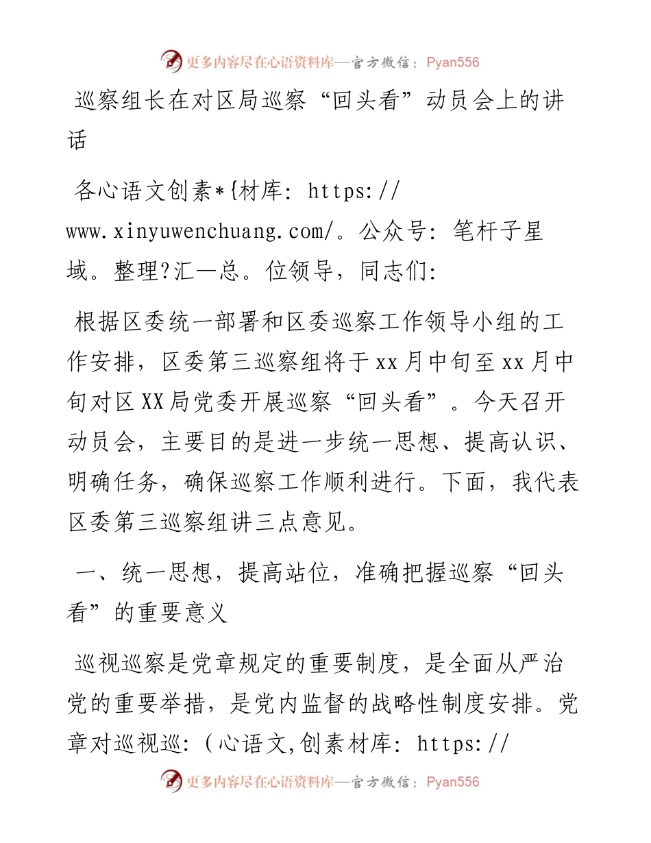 巡察组长在对区局巡察“回头看”动员会上的讲话.docx_第1页