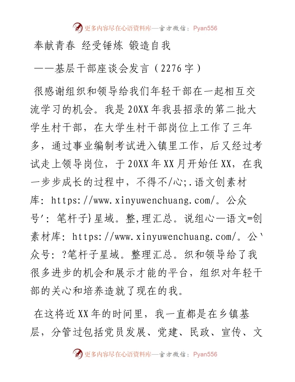 奉献青春 经受锤炼 锻造自我：基层干部座谈会发言.docx_第1页