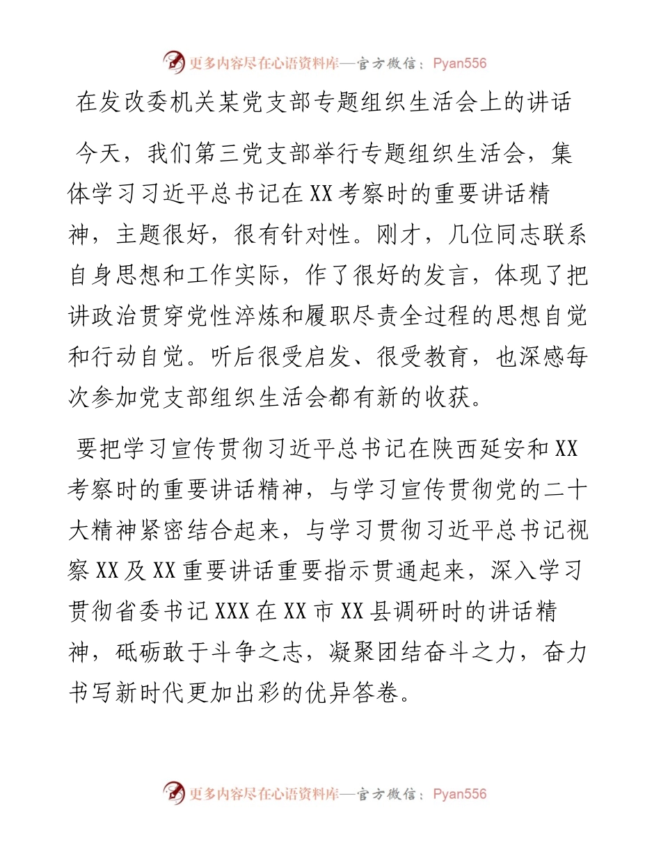 在发改委机关某党支部专题组织生活会上的讲话.docx_第1页