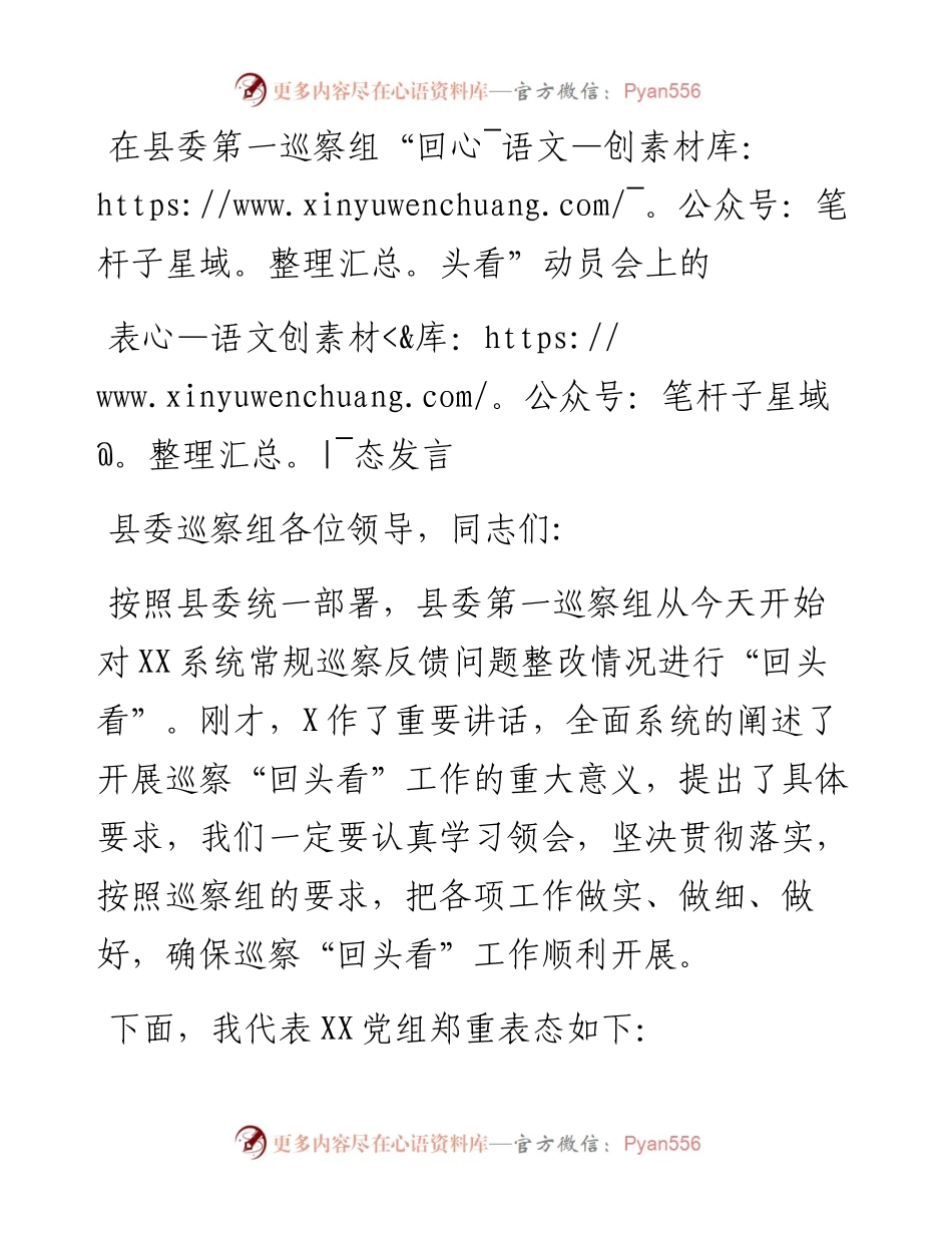 在县委第一巡察组“回头看”动员会上的表态发言.docx_第1页
