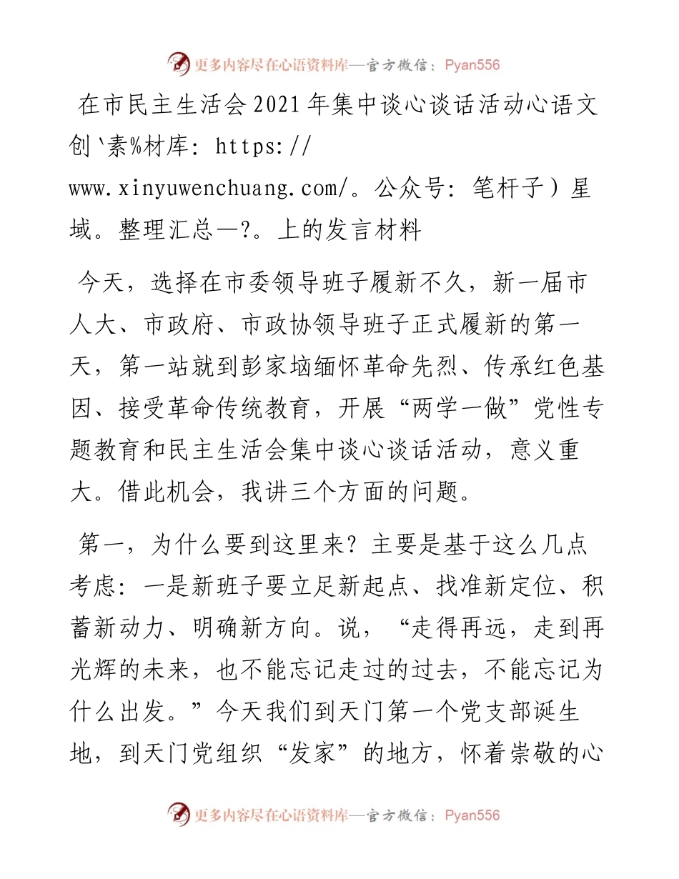 在市民主生活会集中谈心谈话活动上的发言材料.docx_第1页