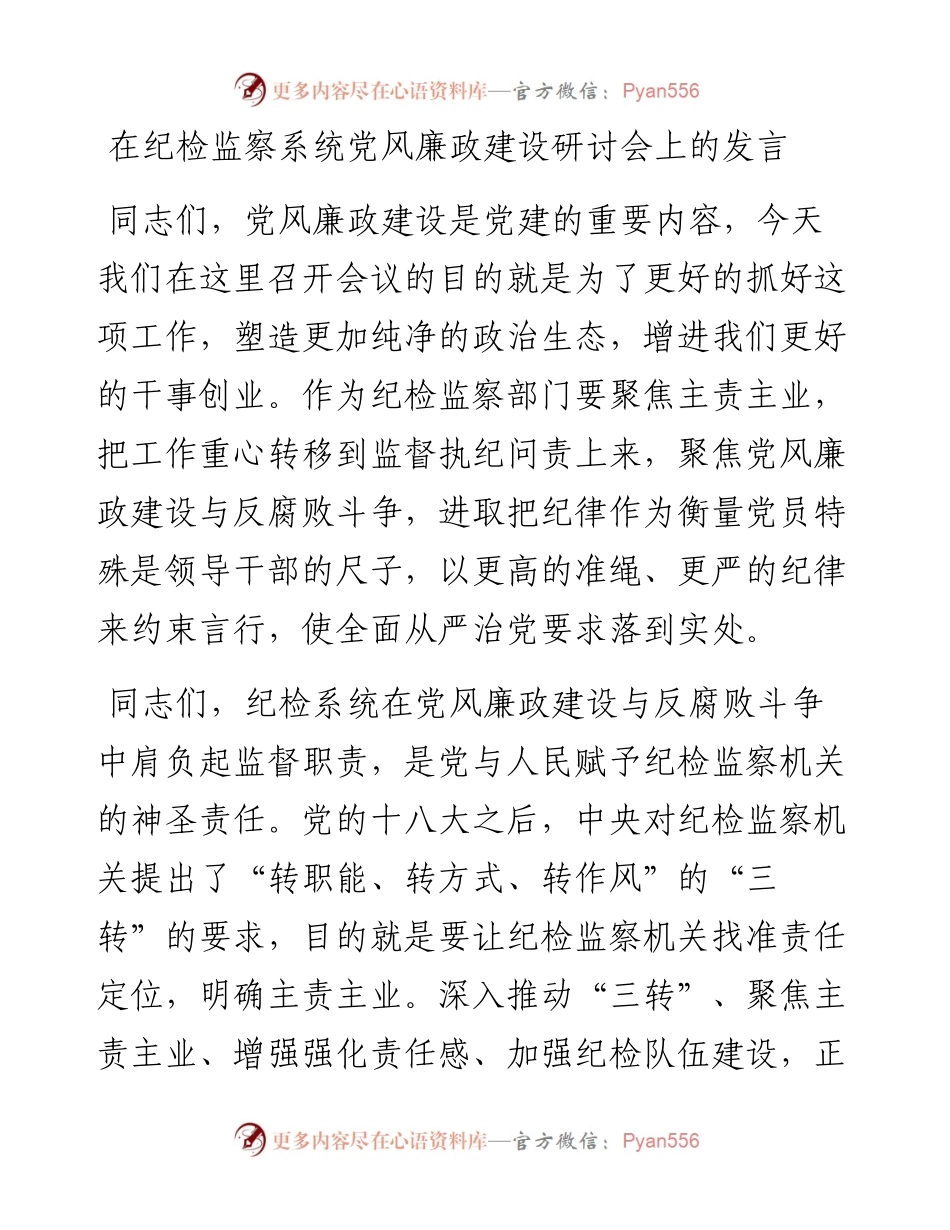 在纪检监察系统党风廉政建设研讨会上的发言.docx_第1页