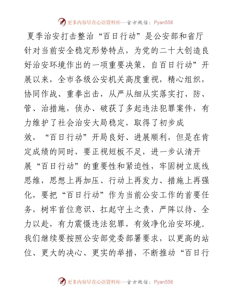 在市级公安夏季治安打击整治“百日行动”工作推进会上的讲话.docx_第1页