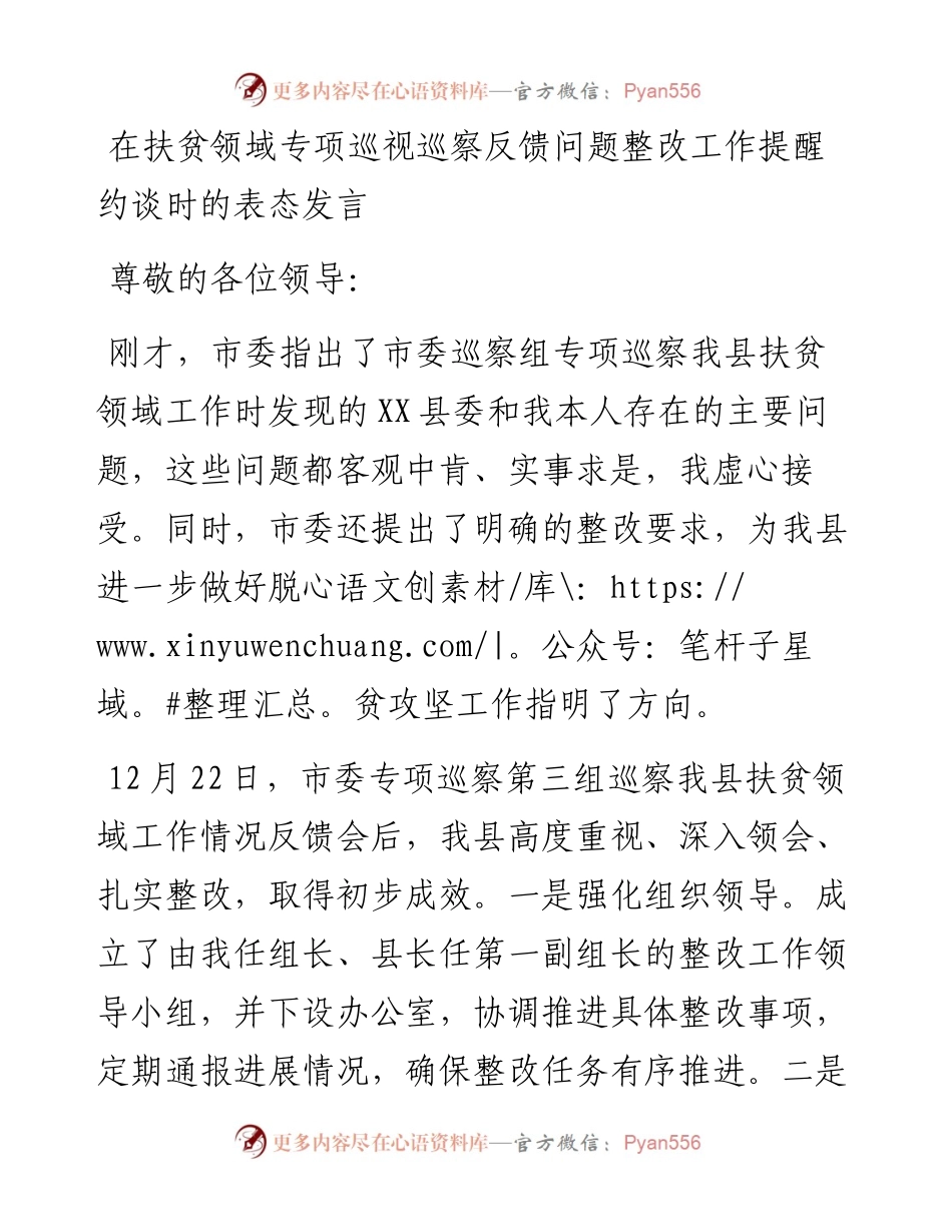 在扶贫领域专项巡视巡察反馈问题整改工作提醒约谈时的表态发言.docx_第1页