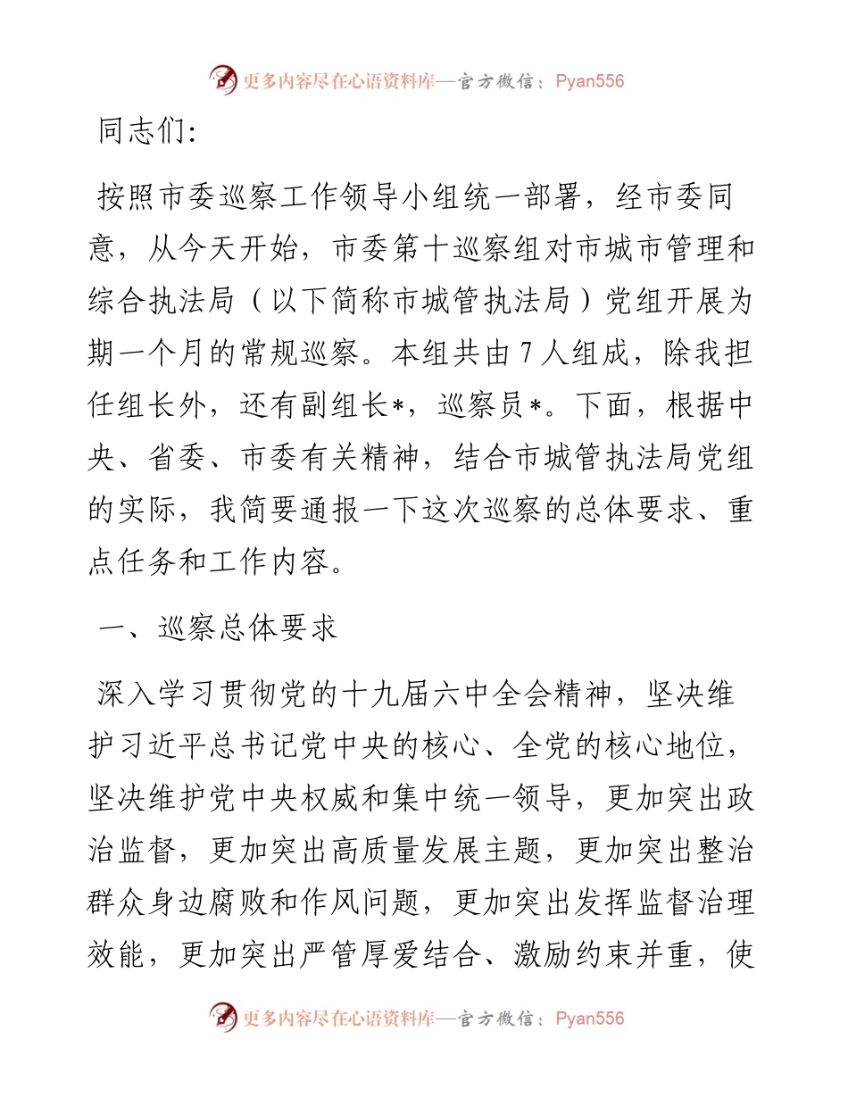 在市委第十巡察组巡察市城市管理和综合执法局工作动员会上的讲话防断更+vx：.docx_第1页