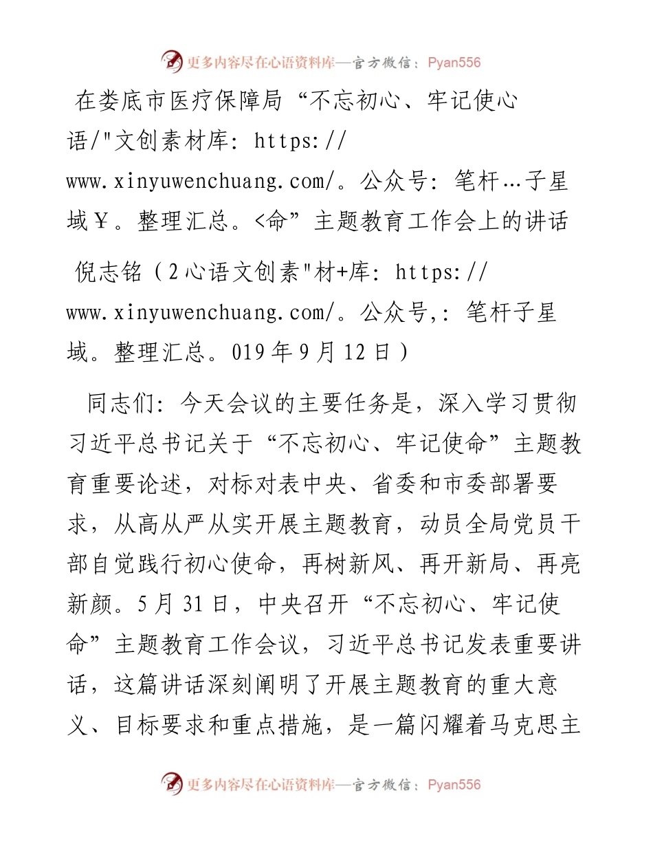 在娄底市医疗保障局“不忘初心、牢记使命”主题教育工作会上的讲话.docx_第1页