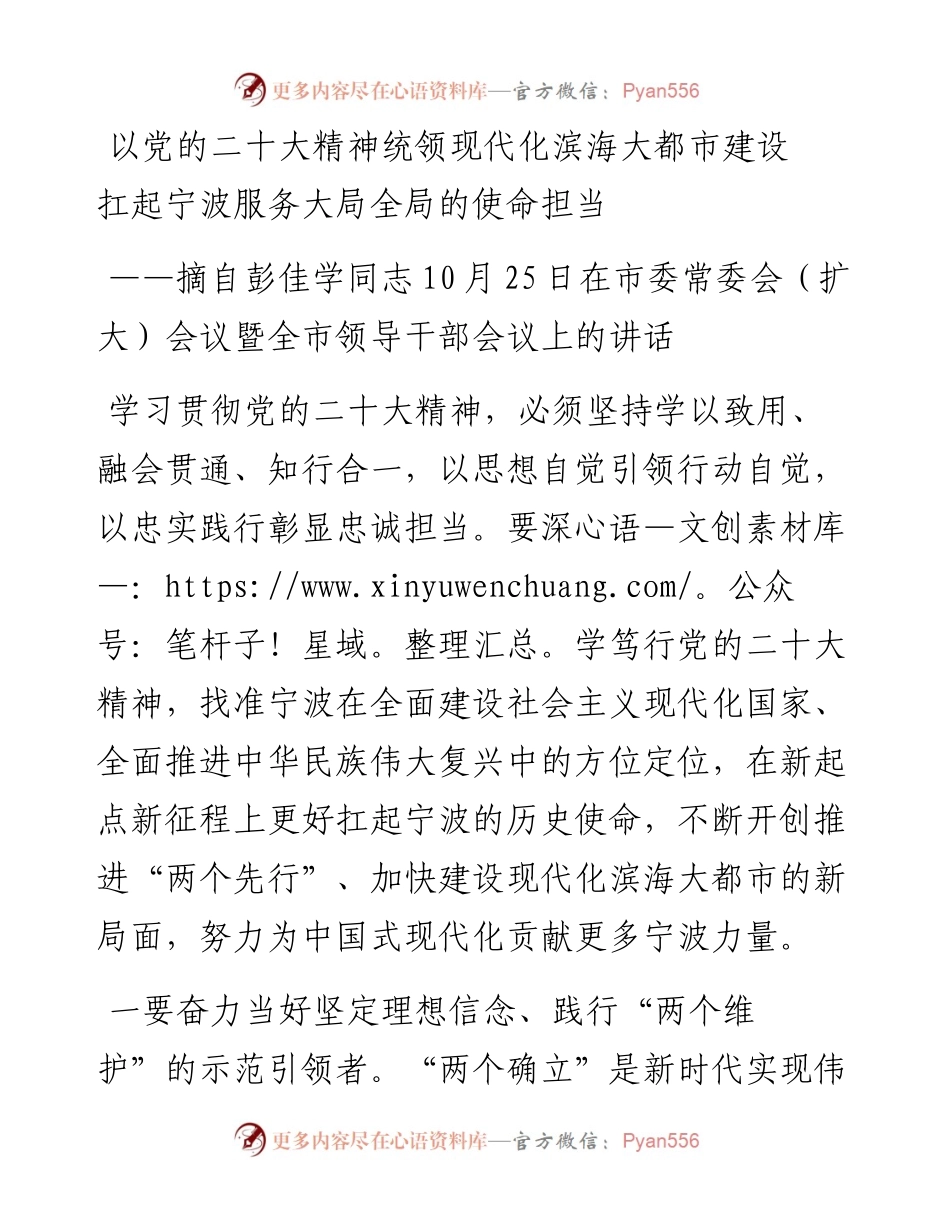 宁波市委书记彭佳学：以党的二十大精神统领现代化滨海大都市建设　扛起宁波服务大局全局的使命担当.docx_第1页