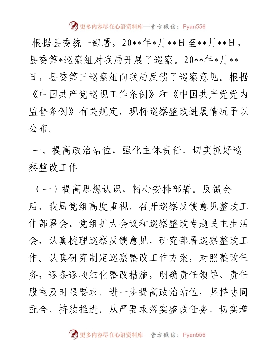 巡察整改进展情况工作报告（局机关）.docx_第1页