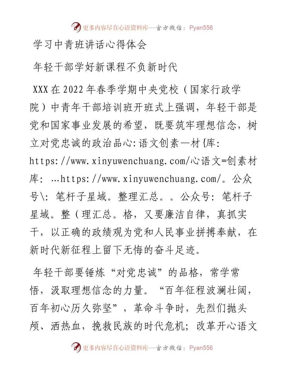学习中青班讲话心得体会：年轻干部学好新课程不负新时代.docx_第1页