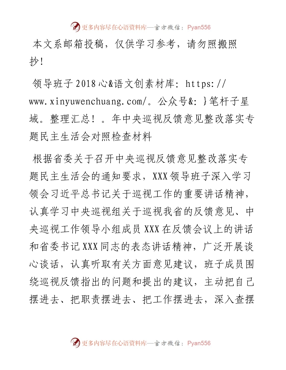 巡视反馈整改专题民主生活会对照检查（范文）.docx_第1页